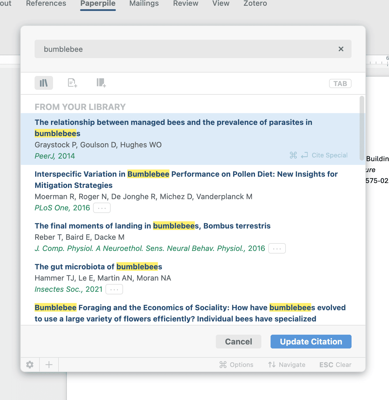 The Word citation search box with “bumblebee” typed, listing matching references from the library with the search term highlighted, above Cancel and Update Citation buttons.